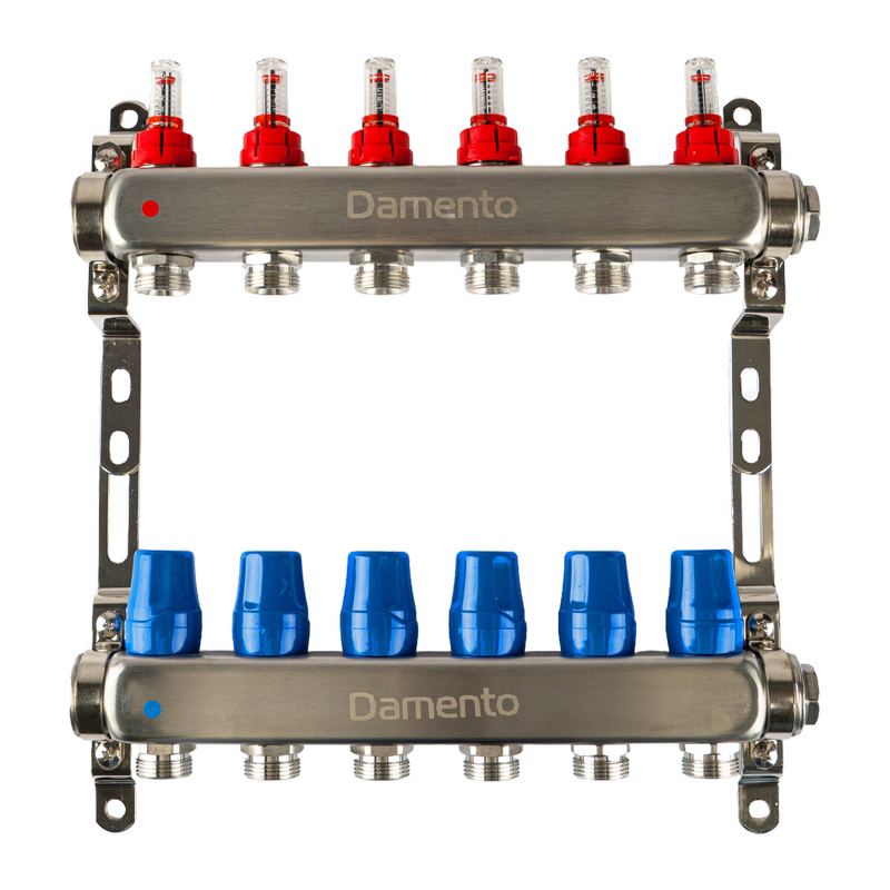 Коллекторная группа  1", 6 ходов, из нержавеющей стали "КВАДРАТ" с расходомерами КОМПАКТ Damento Clima DCSS6 (1/3)