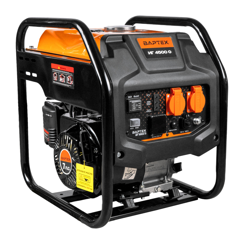 Генератор инверторный бензиновый ВАРТЕХ ИГ 4500 О, 3,8кВт, бак8,0л, 25кг, руч.старт, 4Т/АИ-92/500г/кВт*ч (1/12)