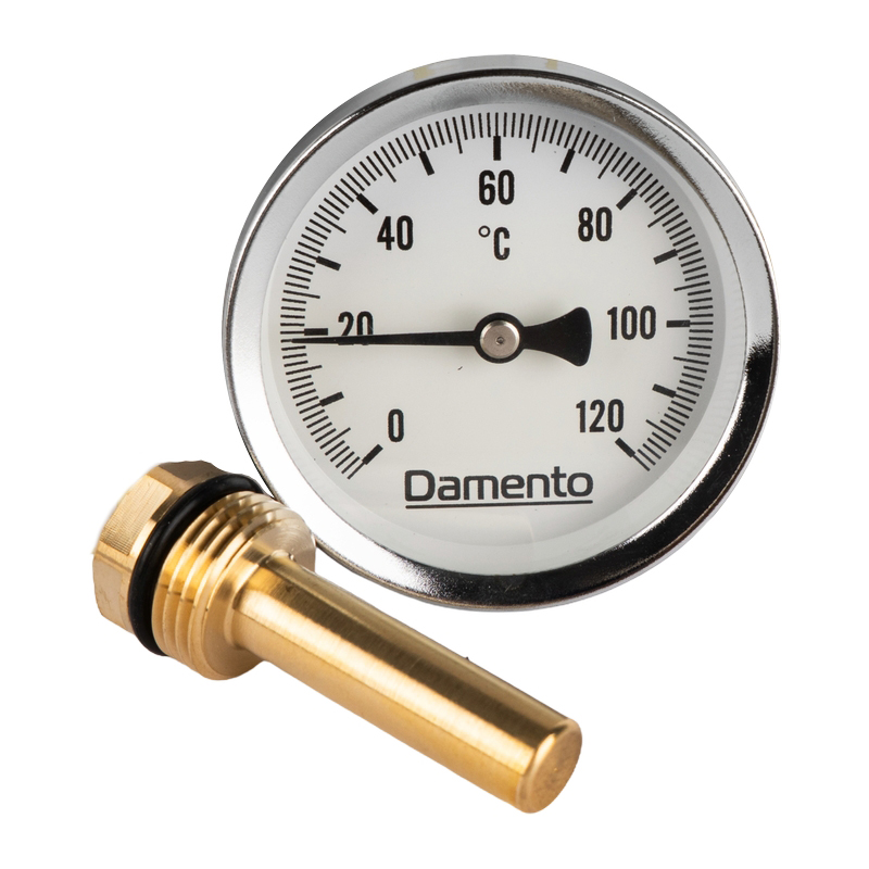 Термометр биметаллический аксиальный с гильзой 50 мм, 0-120 С, D63 мм Damento Clima (1/100)