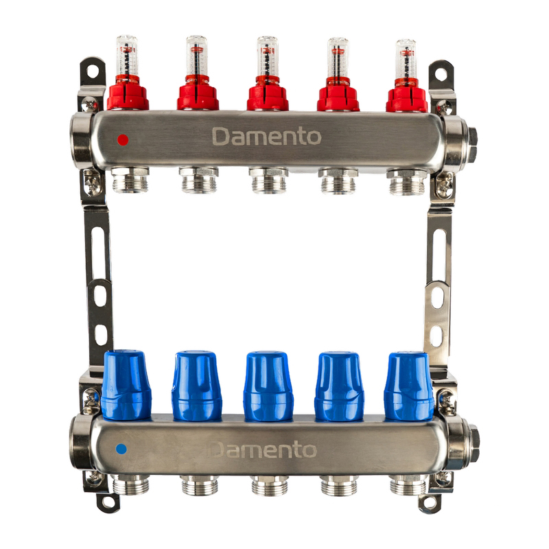 Коллекторная группа  1", 5 ходов, из нержавеющей стали "КВАДРАТ" с расходомерами КОМПАКТ Damento Clima DCSS5 (1/3)